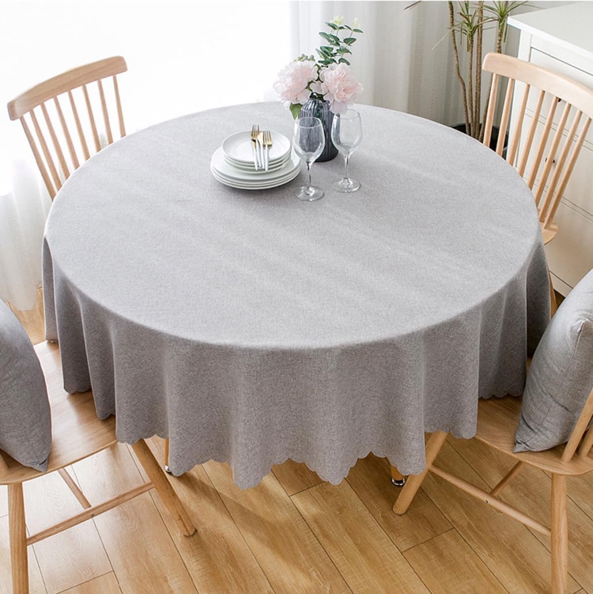 Tafelkleed van katoen en linnen, vuilafstotend, geschikt voor eettafels, salontafels, balkons en tuinen, Lichtgrijs, diameter 160 cm
