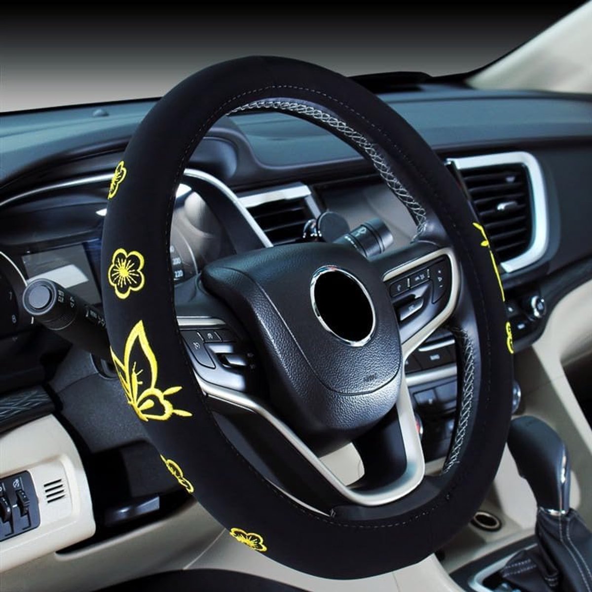 2018 Leuke Auto Vrouw Borduurwerk Auto Stuurhoes (Gele Vlinder)