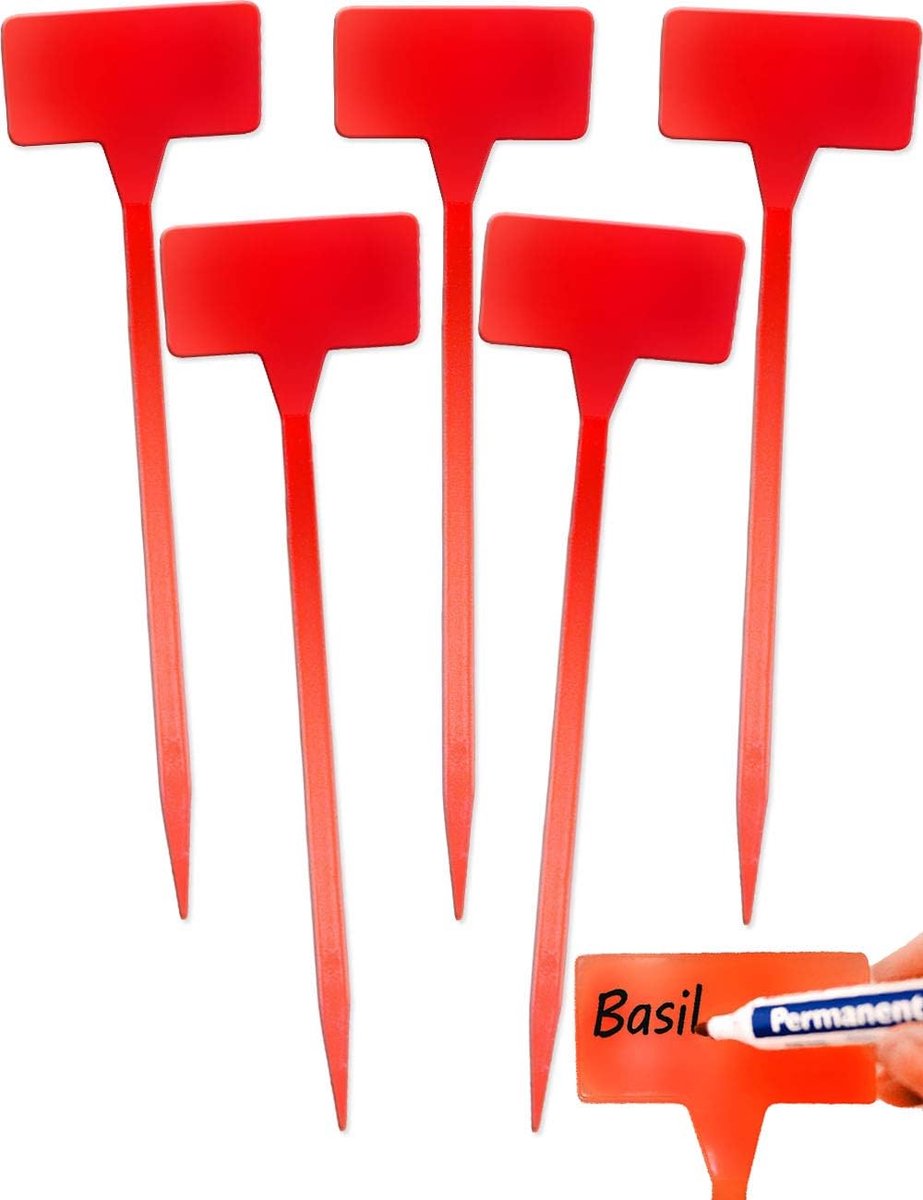 5 stuks plantenbordjes, steeketiketten, plantensteker, kunststof, beschrijfbaar, weerbestendig, 30 cm, rood