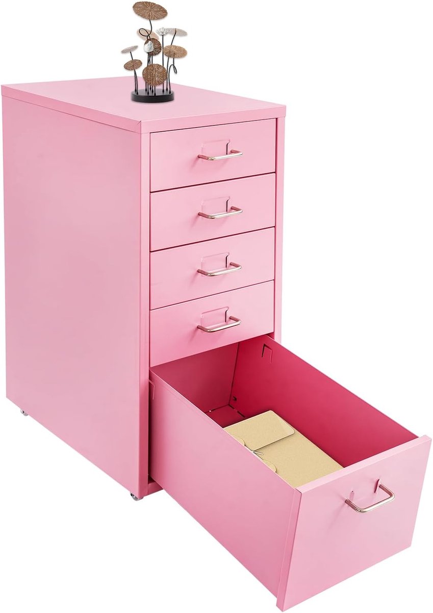 Archiefkast met 5 laden, rolcontainer, ladekast, bureaukast, draagvermogen 50 kg, multifunctionele kast van staal voor kantoor, woonkamer, keuken (28 x 41 x 69 cm) (roze)