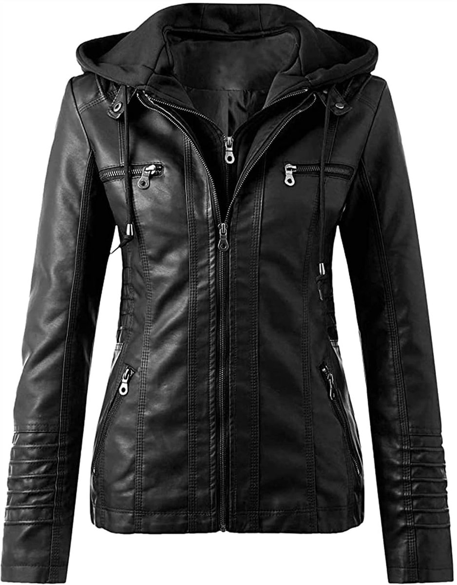 Leren jas Hooded Faux Leather Jacket met rits Overgangs Vrouwen Bovenkleding Warm Thicken Motorcycle Jacket
