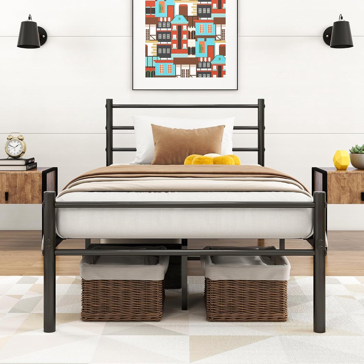 Bed met lattenbodem, bedframe met hoofdeinde, eenpersoonsbed, gastenbed, eenpersoonsbedframe, 90 x 200 cm, zwart