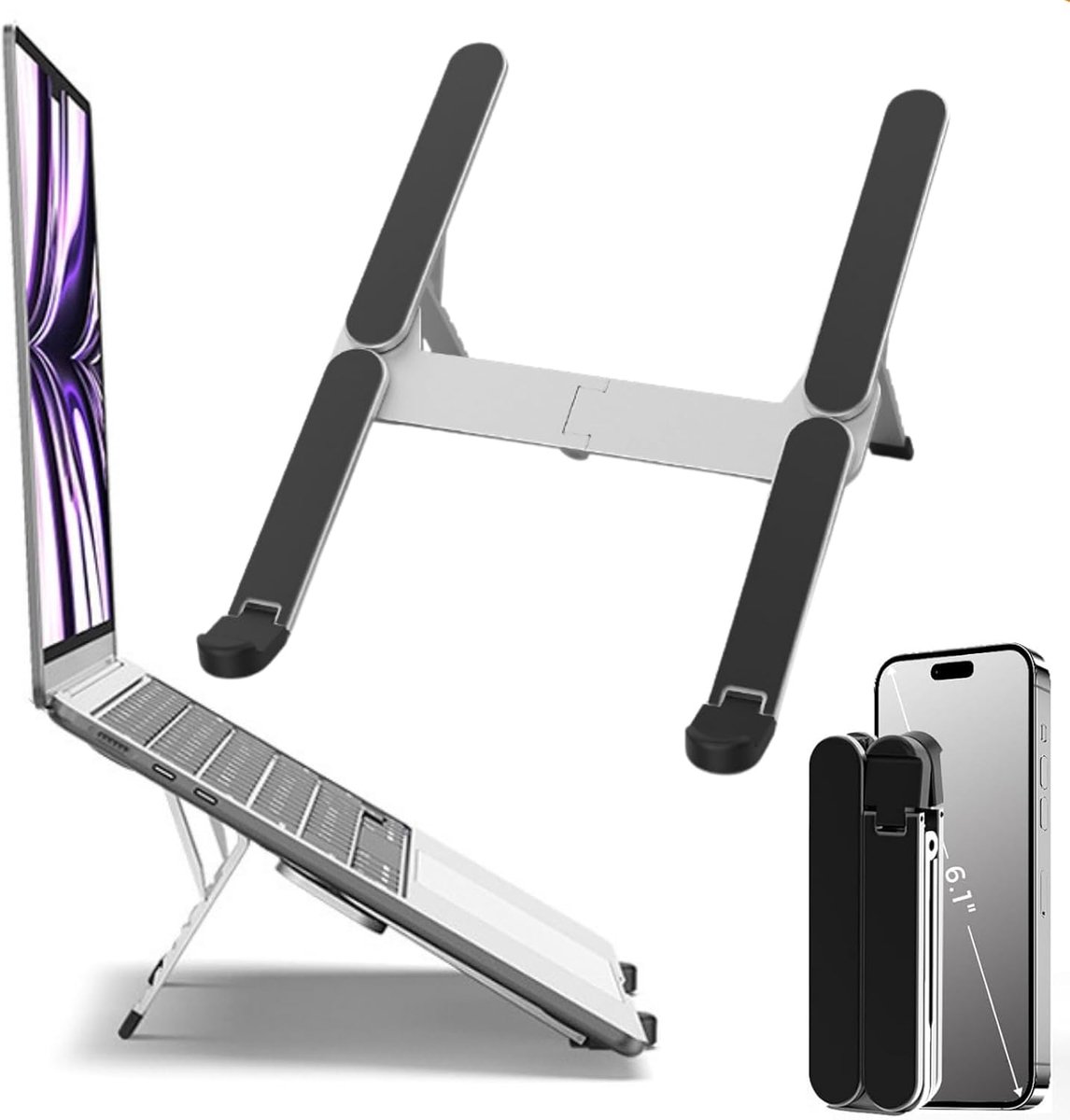 Laptopstandaard voor onderweg, in hoogte verstelbare geventileerde notebookstandaard van aluminium, opvouwbare draagbare laptophouder, ergonomische laptop-riser (zilver)