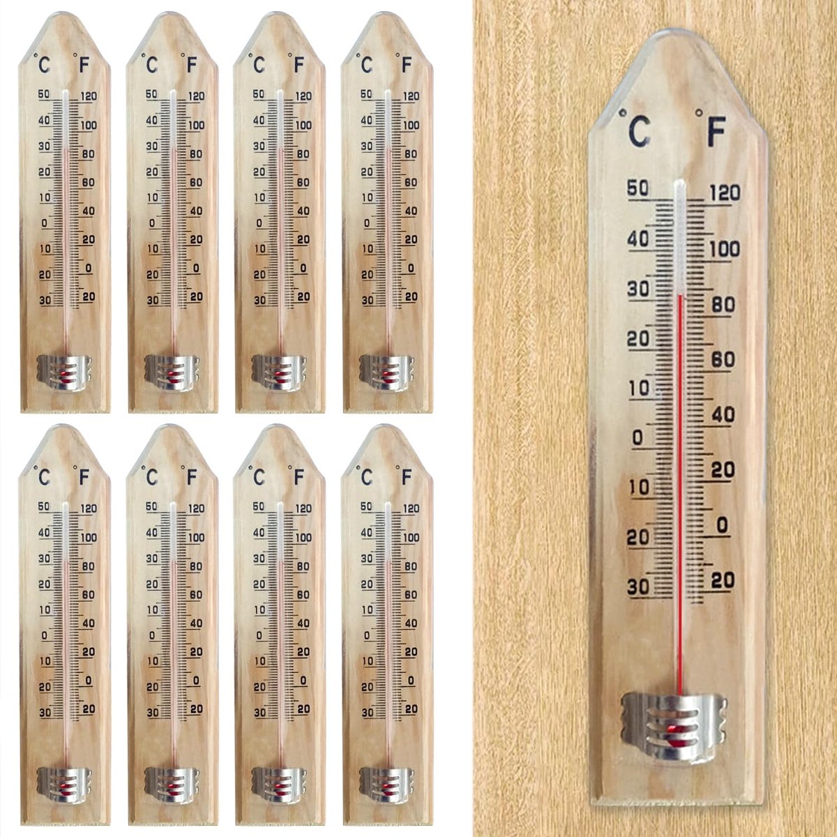8 stuks kamerthermometer, hout, weerbestendige tuinthermometer, analoge binnenthermometer, hygrometer, van hout, voor buiten, tuin en binnen, -30 ~ 50 °C/-20 ~ 120 °F
