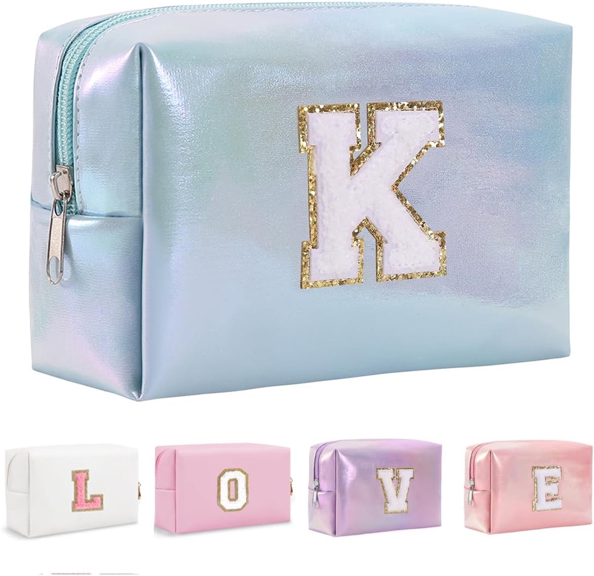 Make-uptas Set Organizer Katoenen Letter Cosmetica Etui Grote Capaciteit Reis Toilettas Dames Meisjes Verjaardagscadeaus Draagbare Borstel Opbergtas met Verdeler en Handvat, Blue-2, K