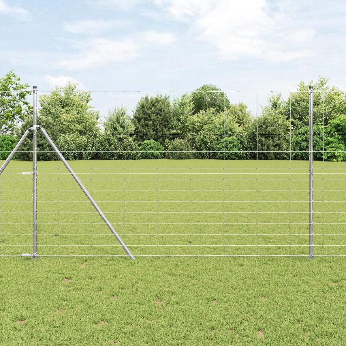 Veldhek 1,5 x 25 m verzinkt staal, hekpalen 13 stuks Ø32 mm 200 cm verzinkt staal, tuinhekken draadomheining voor hekken groentebedden kippenren weideperceel 3351353