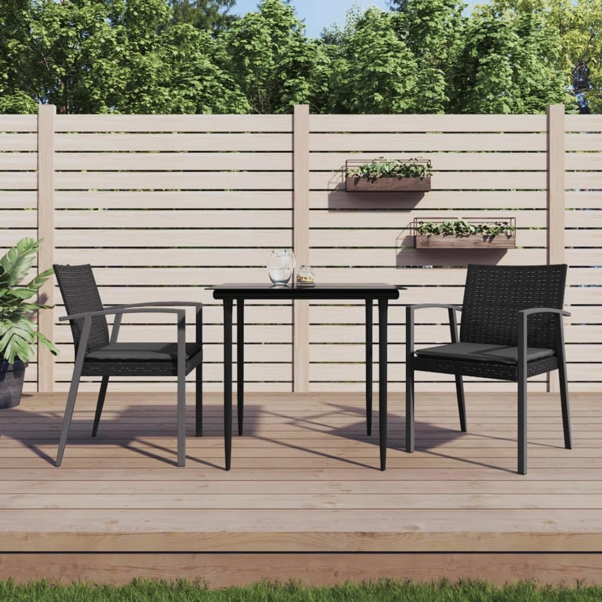 Tuinstoelen met kussen, 2 stuks, zwart, 56,5 x 57 x 83 cm, polyrotan, terrasstoelen, outdoor stoelen, balkonstoelen, vrijetijdsstoelen voor tuin, gazon, terras