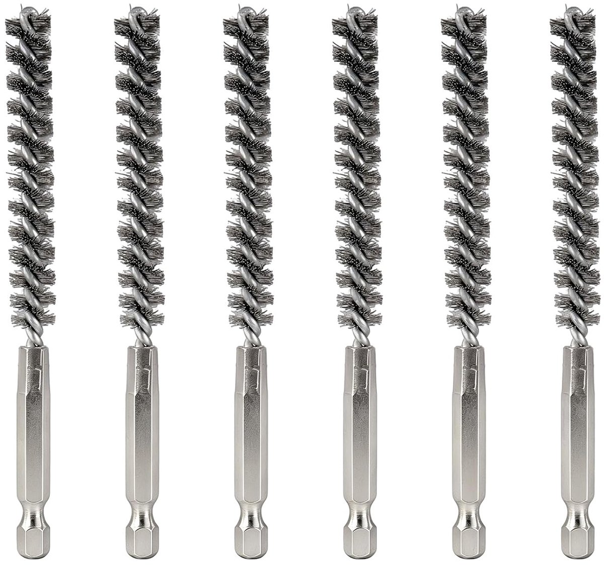 6-delige set roestvrijstalen binnenreinigingsborstels, 3/8 inch (10 mm) reinigingsborstels met 1/4 inch zeskantschacht, binnenreinigingsborstels voor roestverwijdering en buisreiniging TS/GSS
