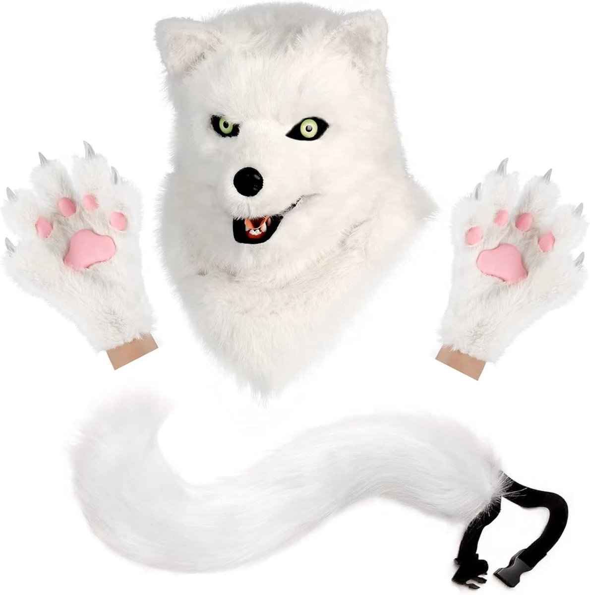 Hond Hoofd Masker Nieuwigheid Pluche Staart Klauw Poot Wanten Handschoenen Set Halloween Party Maskerade Kostuum Cosplay