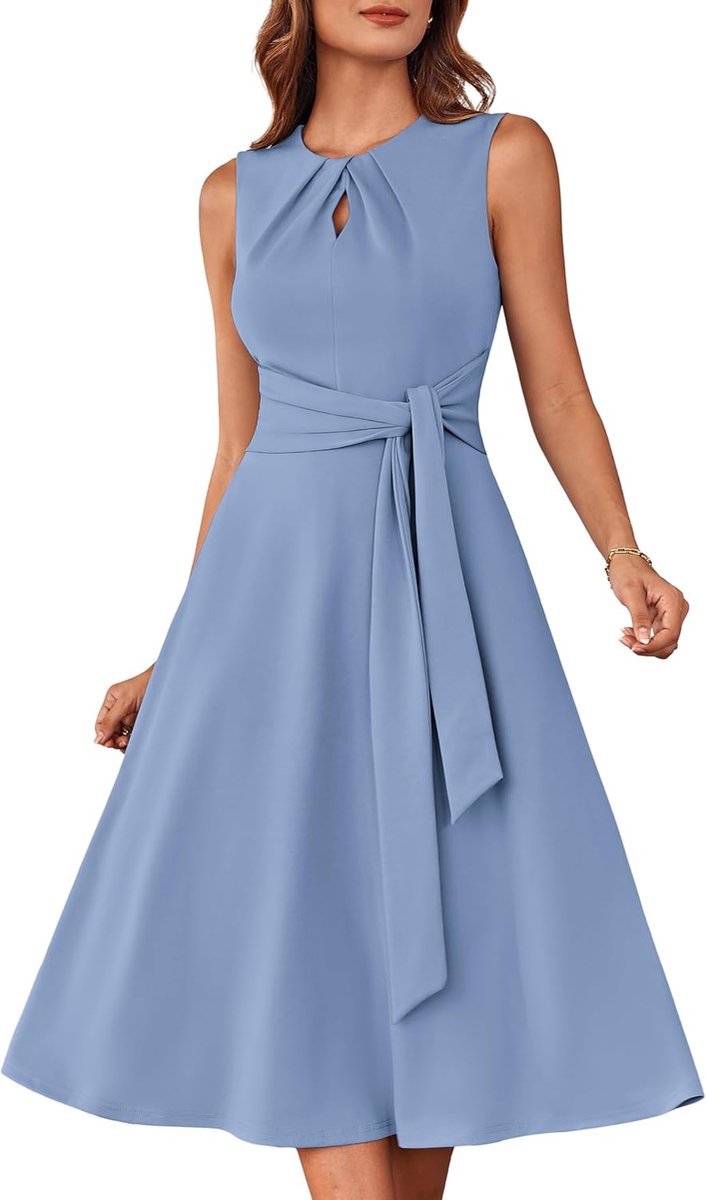 Zomerjurk voor dames, casual, zakelijke kantoorjurk, kapmouwen, ritssluiting aan de voorkant, vloeiende midi-jurk met zakken