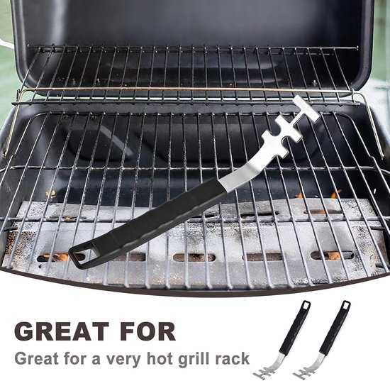 Set van 2 hittebestendige grillroosterlifters, roestvrij staal, grillroosterlifter voor veilig hanteren van hete grillroosters, outdoor barbecue-accessoires — afbeelding 3