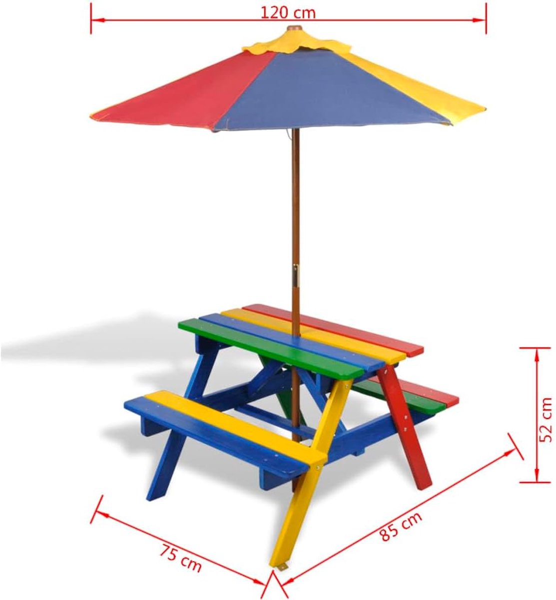 Kinderpicknicktafel met banken, parasol, meerkleurig hout, patiotafel, balkon, eettafel, outdoor, tafel, tuin, lounge-tafel voor tuinen, terrassen, balkons