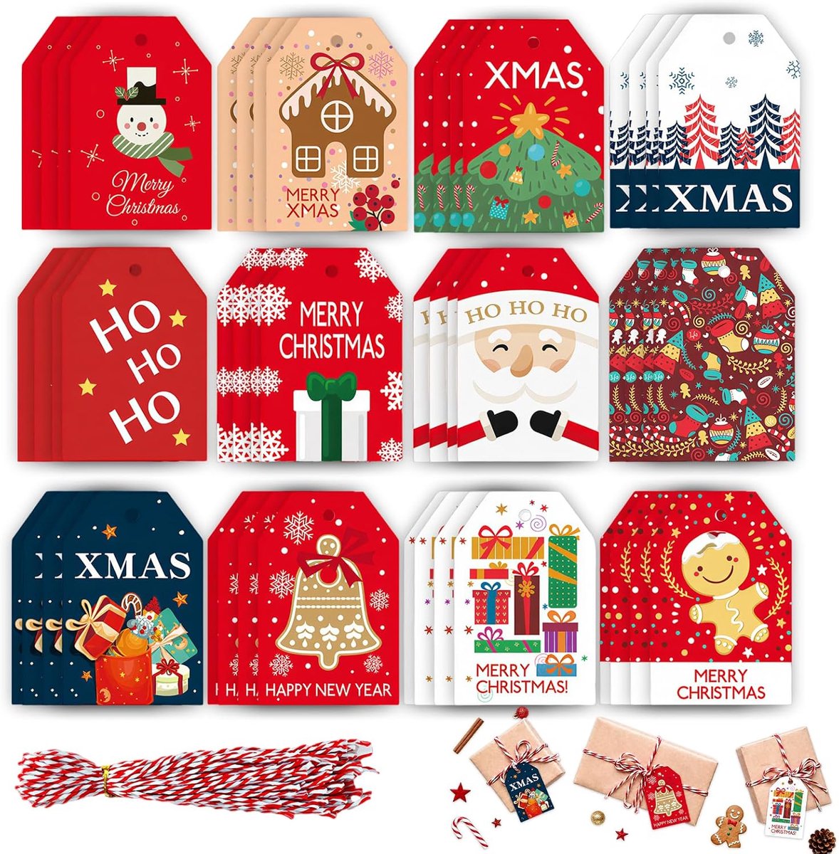 48 Stück Weihnachts Geschenkanhänger Kraftpapier Tags mit Kordel