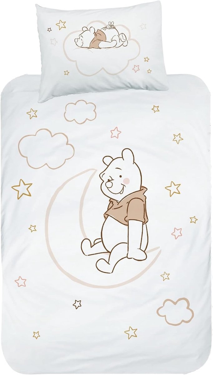 Winnie The Pooh Flanellen beddengoed met 1 kussensloop 40 x 60 cm en 1 dekbedovertrek 100 x 135 cm voor kinderen, Winnie de Poeh, maan en sterren