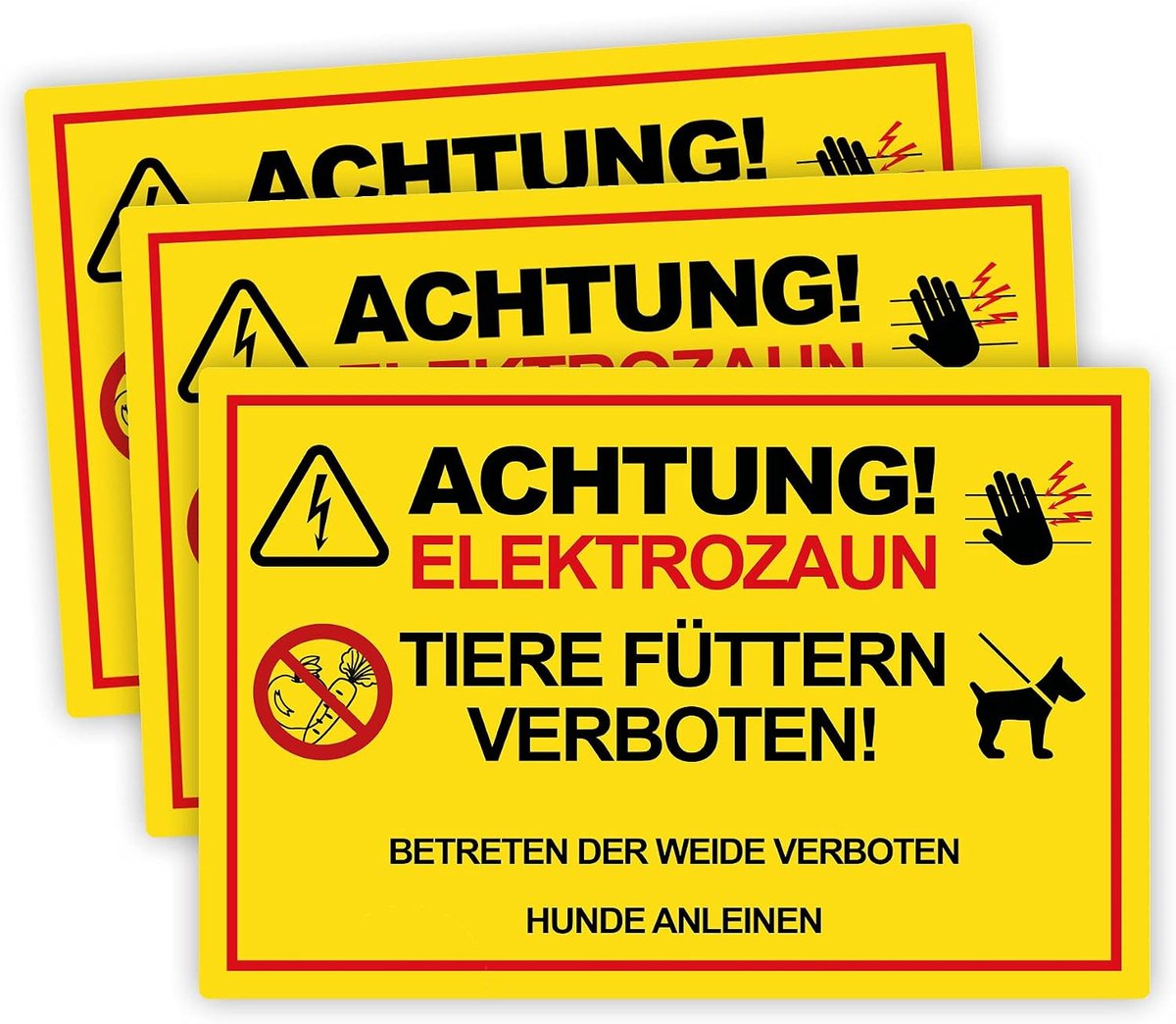 3 stuks Let op! Elektrische omheining dieren voeden weide betreden verboden bord 20 x 30 cm van stevige PVC hardschuimplaat 3mm met UV-bescherming van STROBO