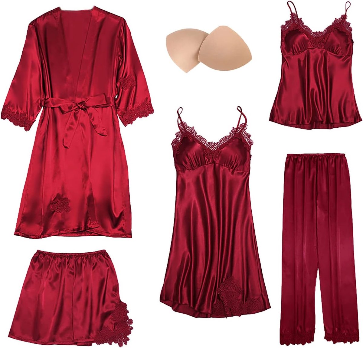 5-delige satijnen pyjamaset, kanten kimono, robe pyjamaset, sexy negligé, shorts en lange broek, nachthemd, 5-delige set, met borstvulling