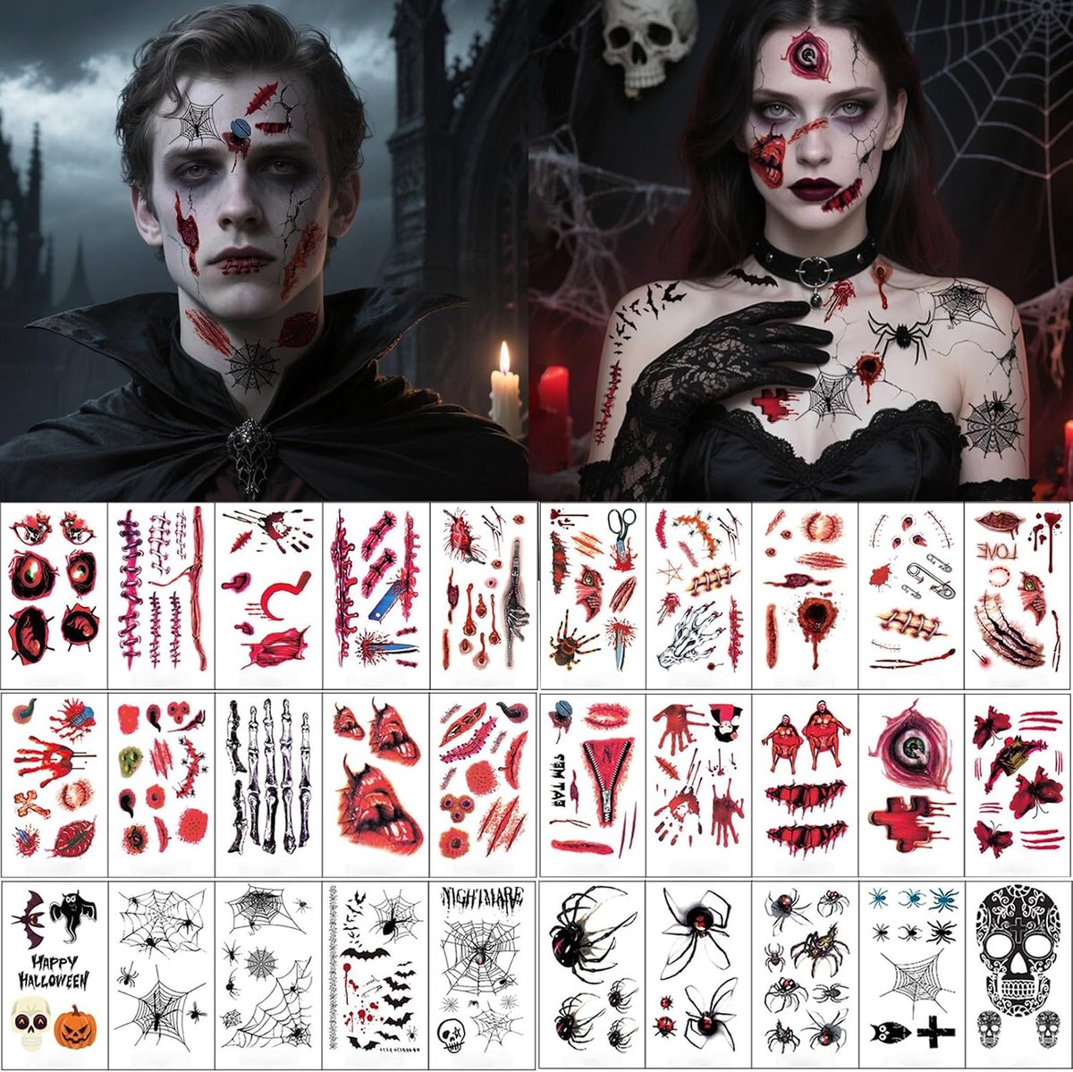 30 vellen Halloween Tattoos voor gezicht, Halloween kostuum voor dames en heren, gezichtstattoo, littekens, wonden, vleermuis, gezichtsstickers, tijdelijke tatoeages, accessoires voor vampier, zombie