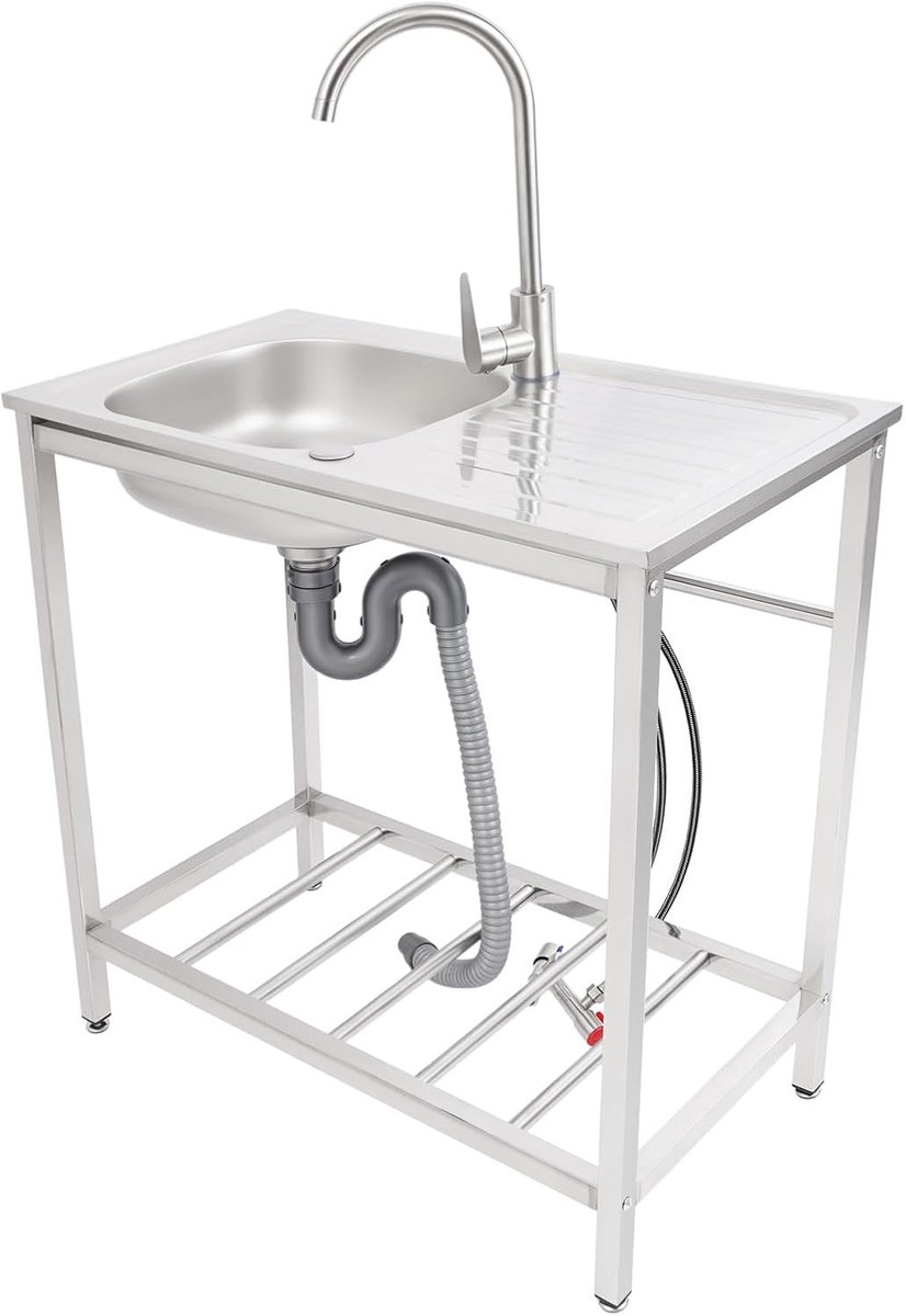 Stalen keukenspoelbak met onderkast, spoelbak, vrijstaande spoelbak met koude en warme kraan, afvoerslang, keukenspoelbak voor restaurant, outdoorkeuken, camping, 1 wasbak 75 x 40