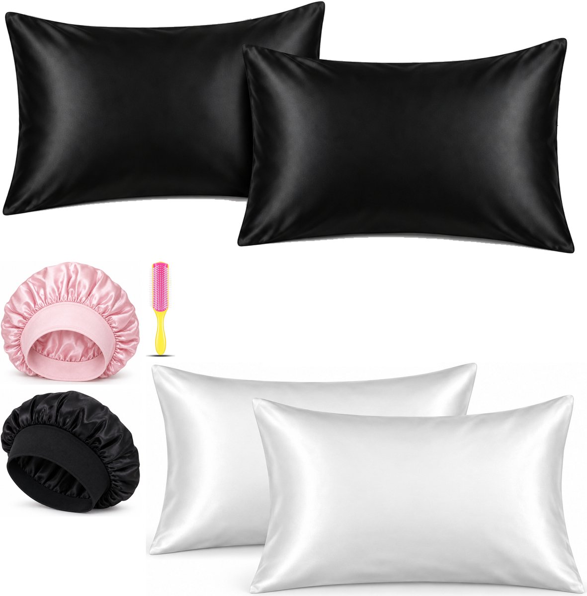 Professor Q Haar- en Slaapset - 2 Kussenslopen Wit 60 x 70 cm - 2 Kussenslopen Zwart 60 x 70 cm - Bonnet Roze - Bonnet Zwart - Fusion Pink Borstel