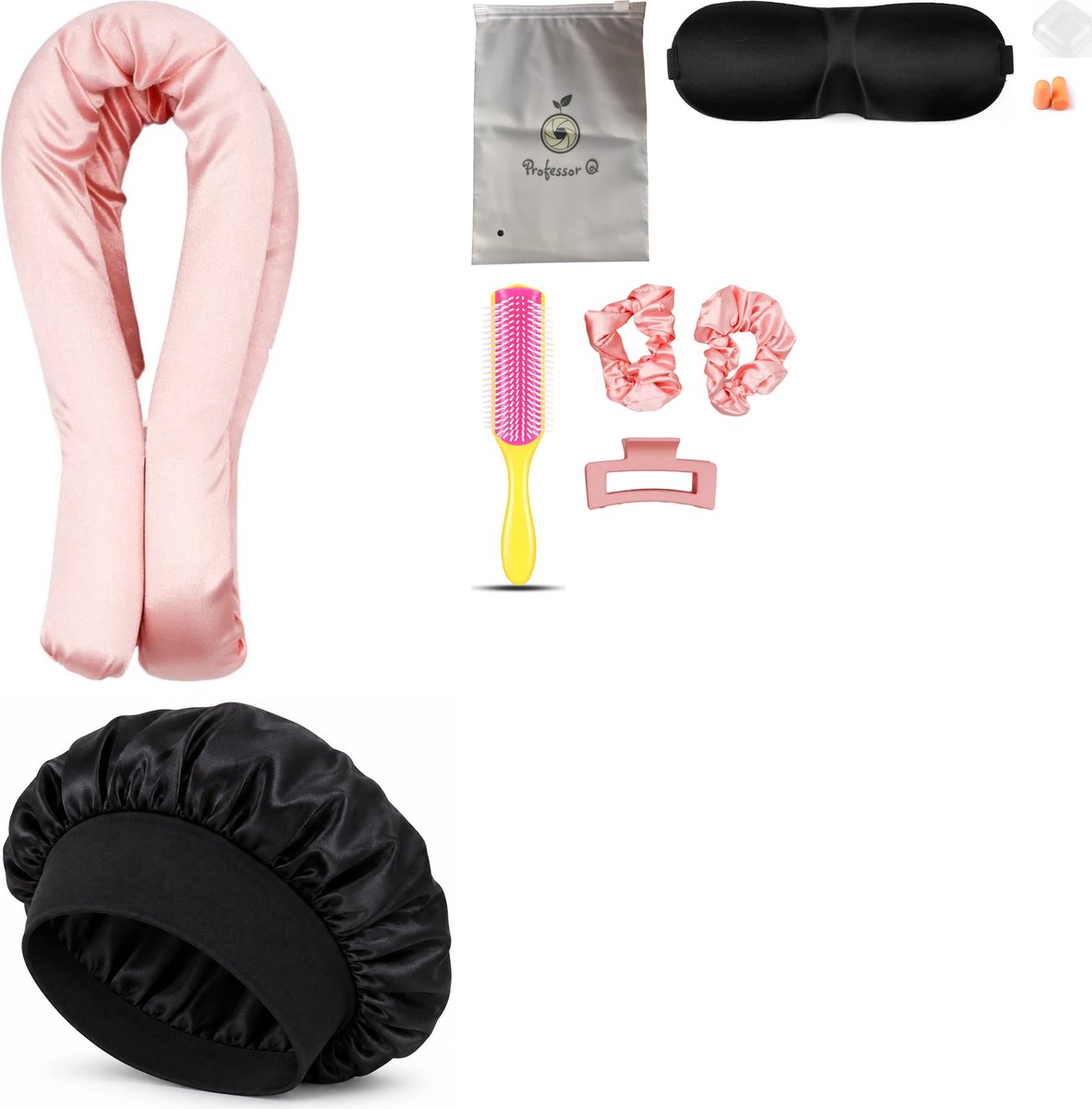 Professor Q Heatless Curls Set - Heatless Curlset met 2 Elastiekjes en Klem - Bonnet Zwart - Fusion Pink Borstel - Slaapmasker Zwart
