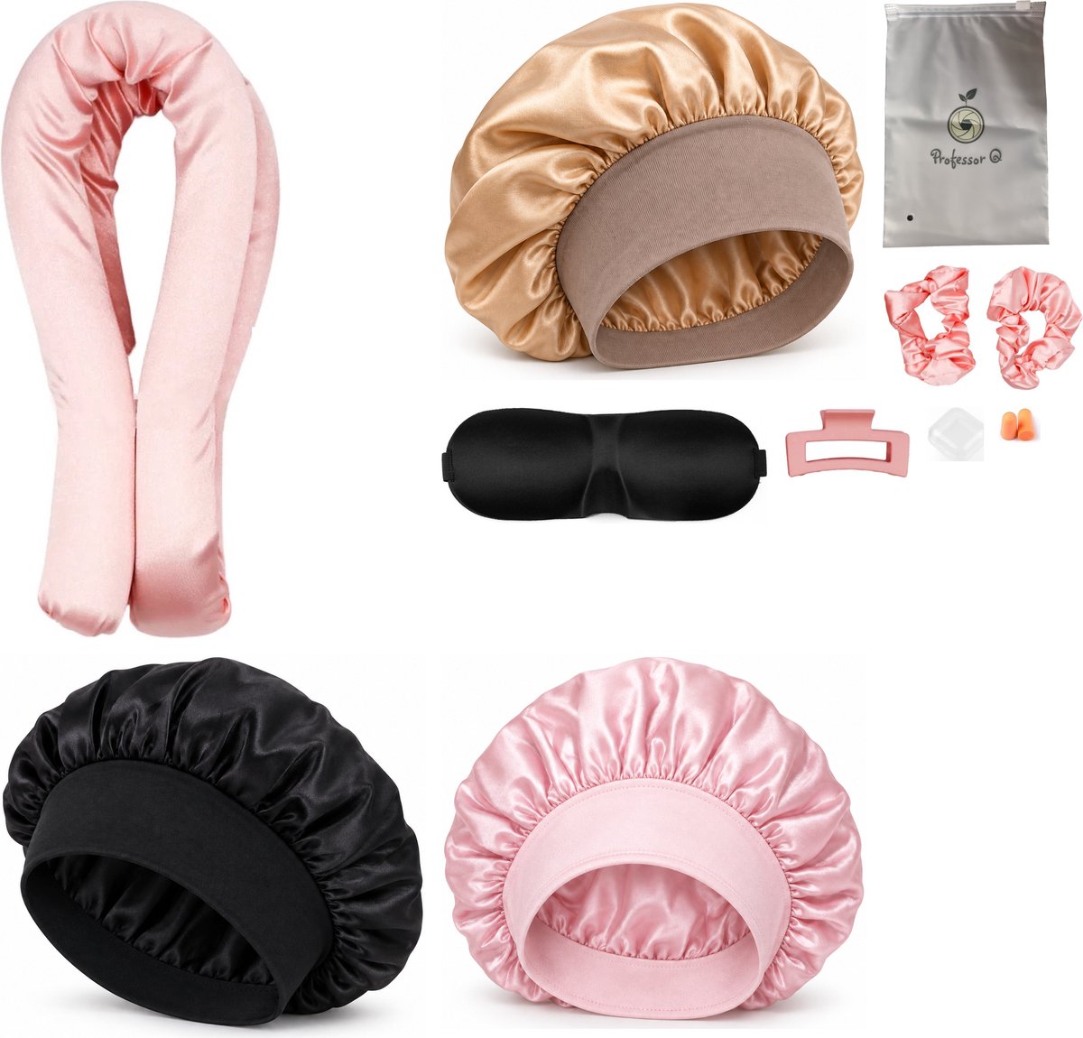 Professor Q Heatless Curls Set - Heatless Curlset met 2 Elastiekjes en Klem - Bonnet Roze - Bonnet Zwart - Bonnet Goud - Slaapmasker Zwart