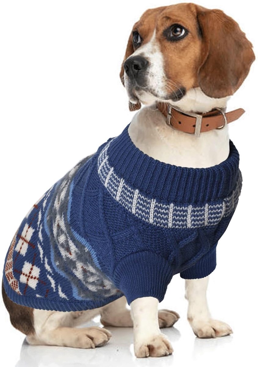 Hondentrui voor kleine honden, warme verdikte wintertrui met harnasopening, gebreide trui voor kleine honden, boho-hondentrui, blauw, M