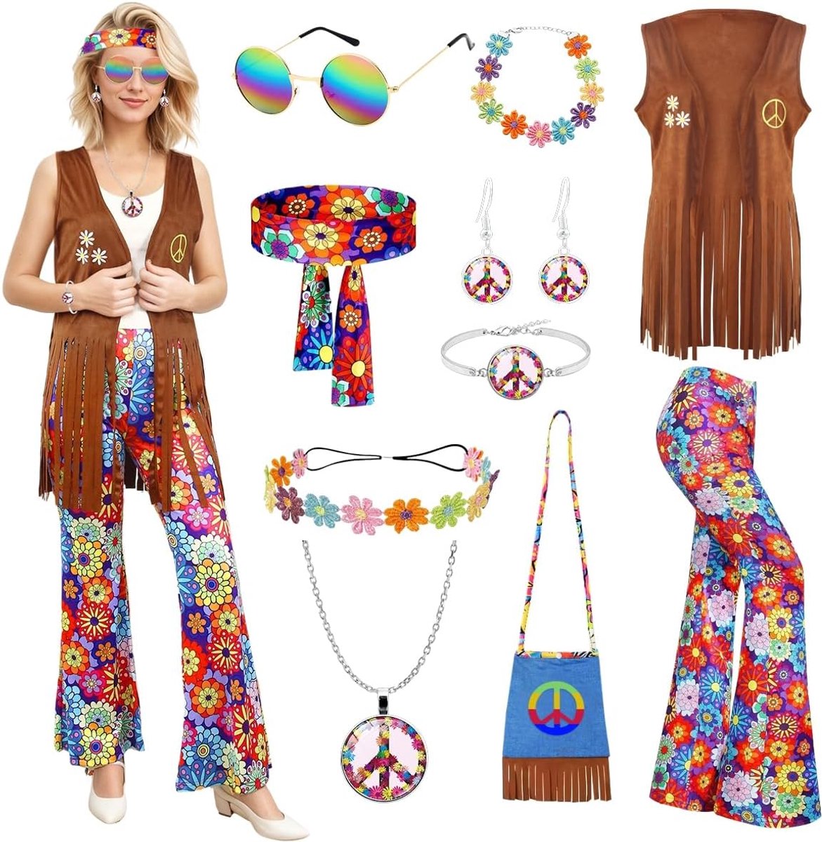 70 verkleedkledij voor dames, hippiekostuum met franje, vest, uitlopende broek, halskettingset, jaren 60, 70, discoverkleden, jaren 70, retro, hippiekleding, hippiekleding voor carnaval
