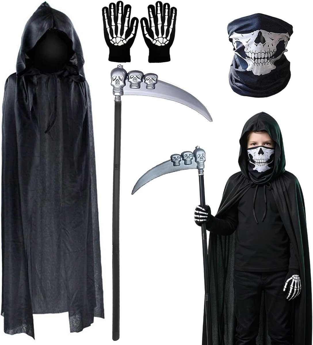 Set, Sense Halloween, cosplay, Halloweenkostuum, mannen, decoratie, zegenmankostuum, heren, zwarte cape, Magere Heins kostuum voor Halloween, party, maskerade