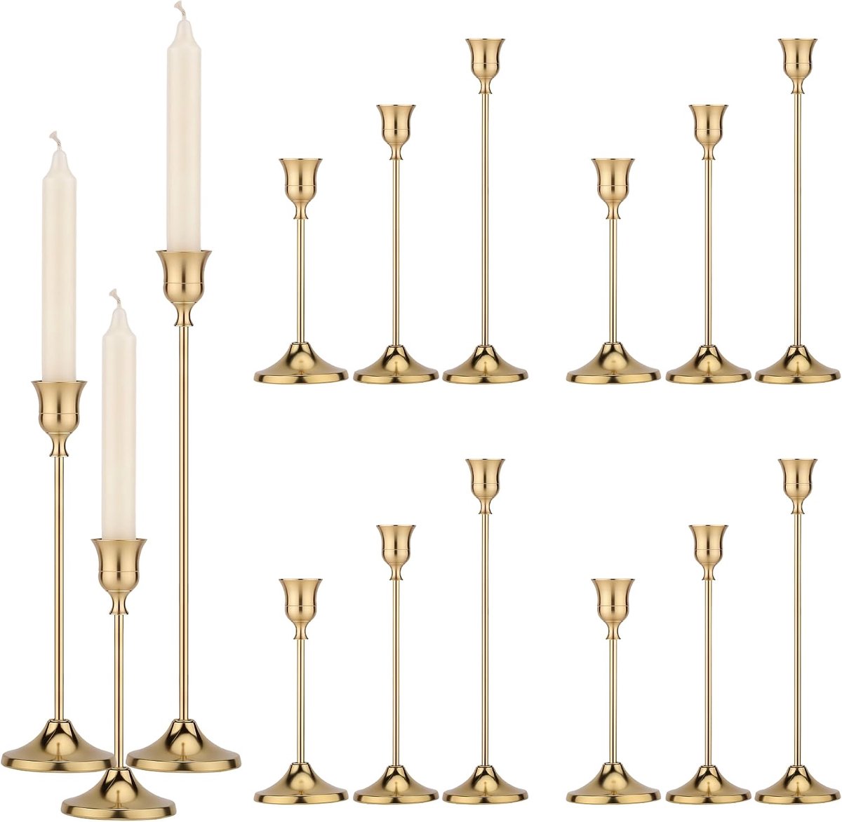 Kaarsenhouder Set 23cm 19cm 15cm Hoog Vintage Europese Stijl Brede Basis Metalen Kandelaarstandaard (Goud 12 sets)