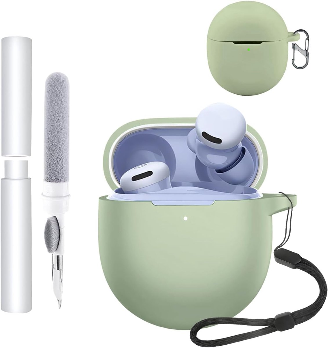 hoes voor Google Pixel Buds 2a oordopjes, schokbestendig, waterdicht, zacht en duurzaam, met koord, sleutelhanger en reinigingsgereedschap, matcha groen