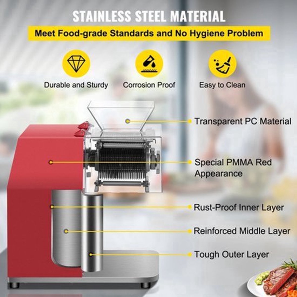 Vleesmolen - Keukenmachine - Keukenrobot - Groentesnijder - 850W - 50Hz - 1440 RPM - Bladruimte 10 mm - Foodprocessor - Gehaktmolen - Rood