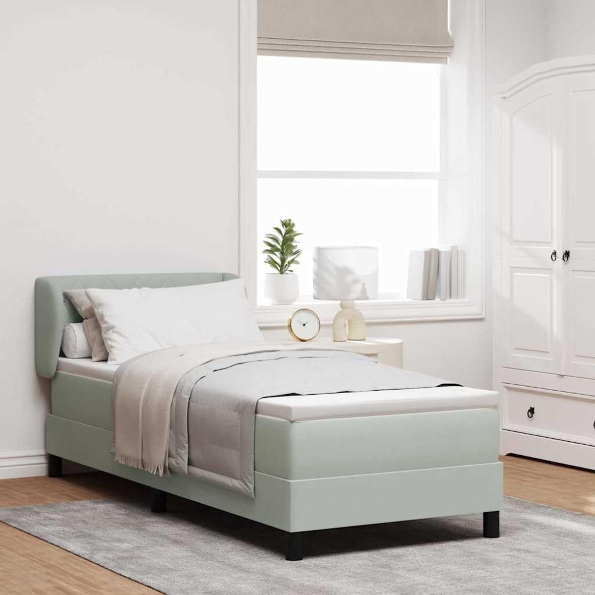 Boxspringbed met hoofdeinde Lichtgrijs 80 x 200 cm Fluweel, verstelbaar hoofdbord, inklusief matras en, modern design voor kleine slaapkamer, luxe fluwelen boxspring grijze slaapkamer set