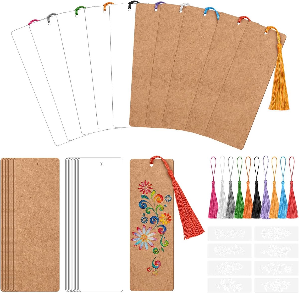 Maken kit met 60 stuks doe-het-zelf blanco bladwijzers en 60 stuks kleurrijke kwastjes voor knutselen, klasprojecten, cadeaulabels