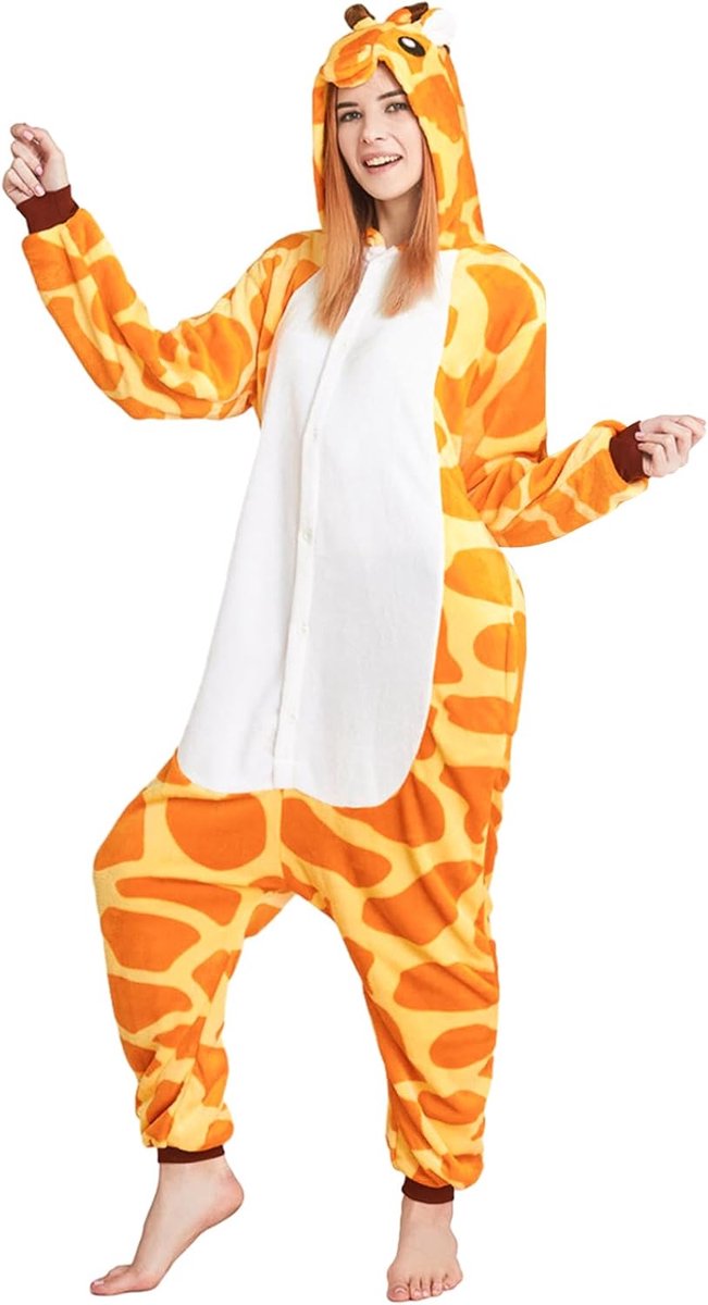 Onesie voor volwassenen, pyjama-kostuum, giraffenkostuum, anime-kostuum, cosplay-kostuum, huiskleding, pyjama-party, Halloween, carnavalskostuums, Geel, M