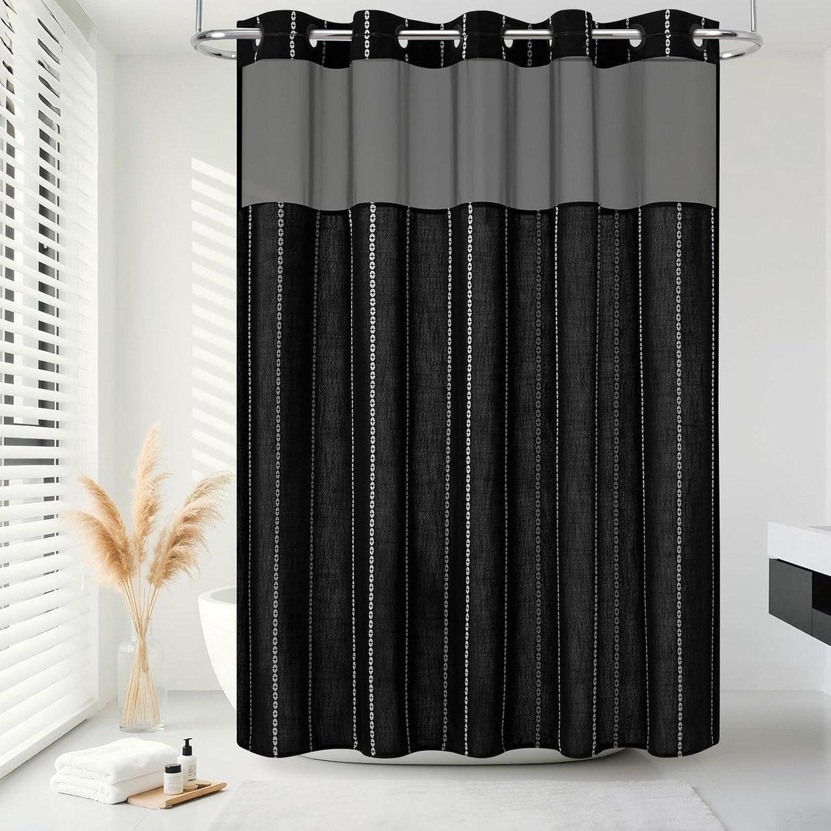 Douchegordijn zonder haak, polyester streep zwaar belastbare dikke douchegordijnen met gaas bovenvenster, Boheemse stijl waterdichte badkamer gordijnset 190,5 cm L x 182,9 cm B