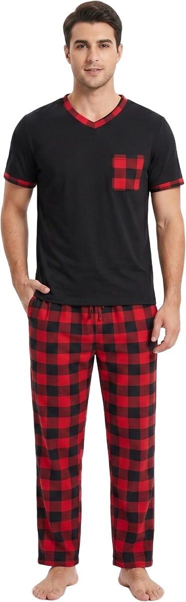 Ultrazachte loungewear, V-hals, korte mouwen, top en geruite broek met zakken, pyjama voor mannen, pyjamasets, ademende nachtkleding, nachtkleding