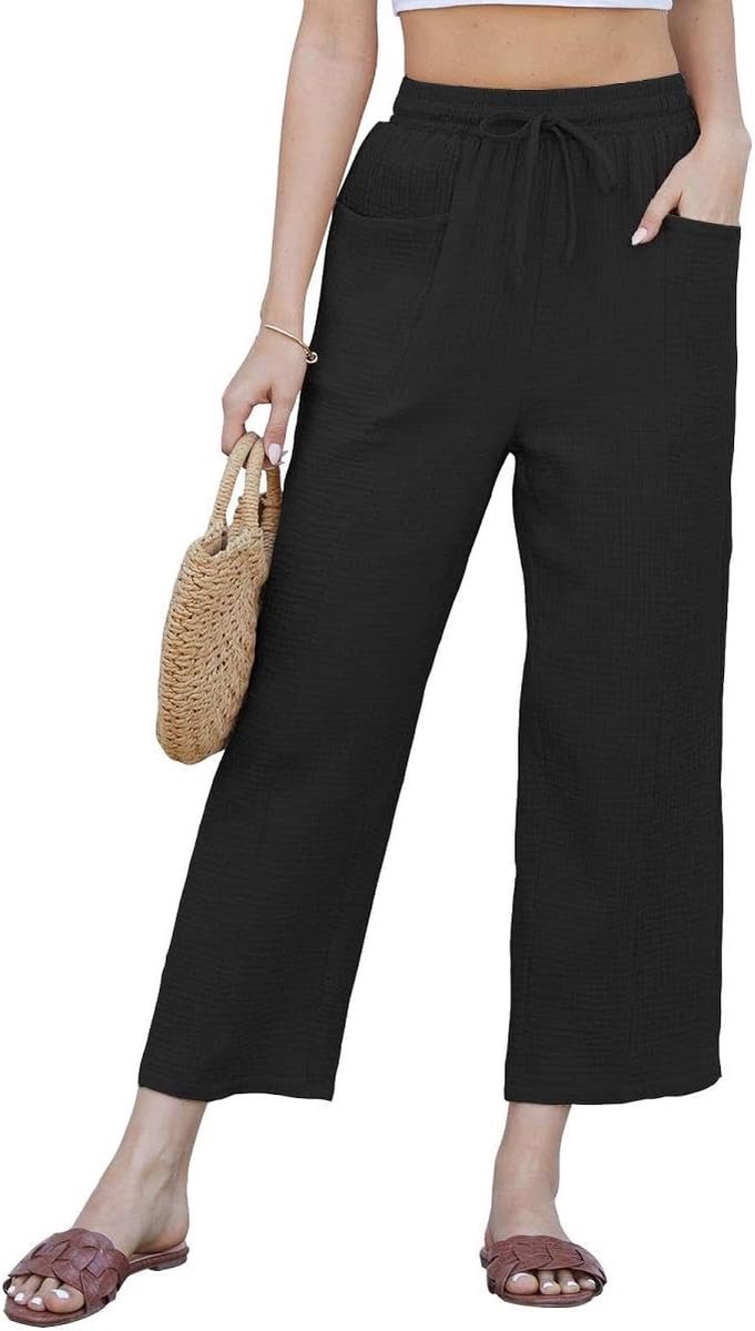 Damesbroek voor de zomer, capribroek van katoenlinnen met trekkoord, 3/4, brede broek met zakken, effen, casual, elastisch, elegant, strandbroek