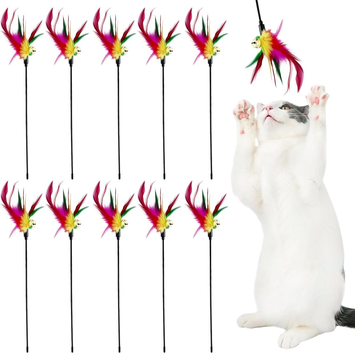 10 stuks kattenhengel, kattenspeelgoed, speelgoed voor katten, kattenhengel, speelgoed, kleurrijke kattenspeelgoed, veren, speelgoed voor katten met bel, voor katten