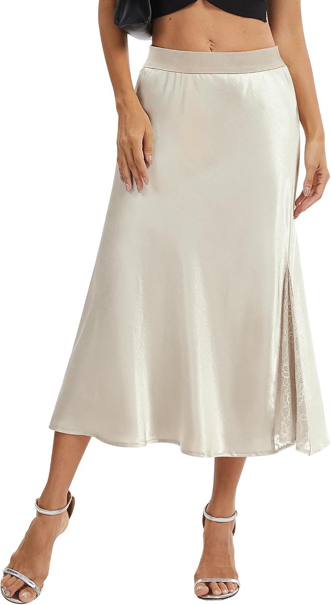 satijnen rok lang elegant A-lijn midi-rok, hoge taille zijdezachte rok voor bruiloft, feest, zakelijk
