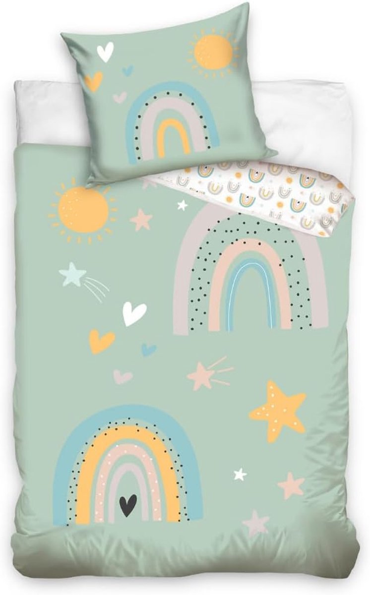 Kinderbeddengoedset, 135 x 200 cm, 80 x 80 cm, regenboog, zon, sterren, 100% katoen met YKK-ritssluiting, zacht, voor meisjes en jongens