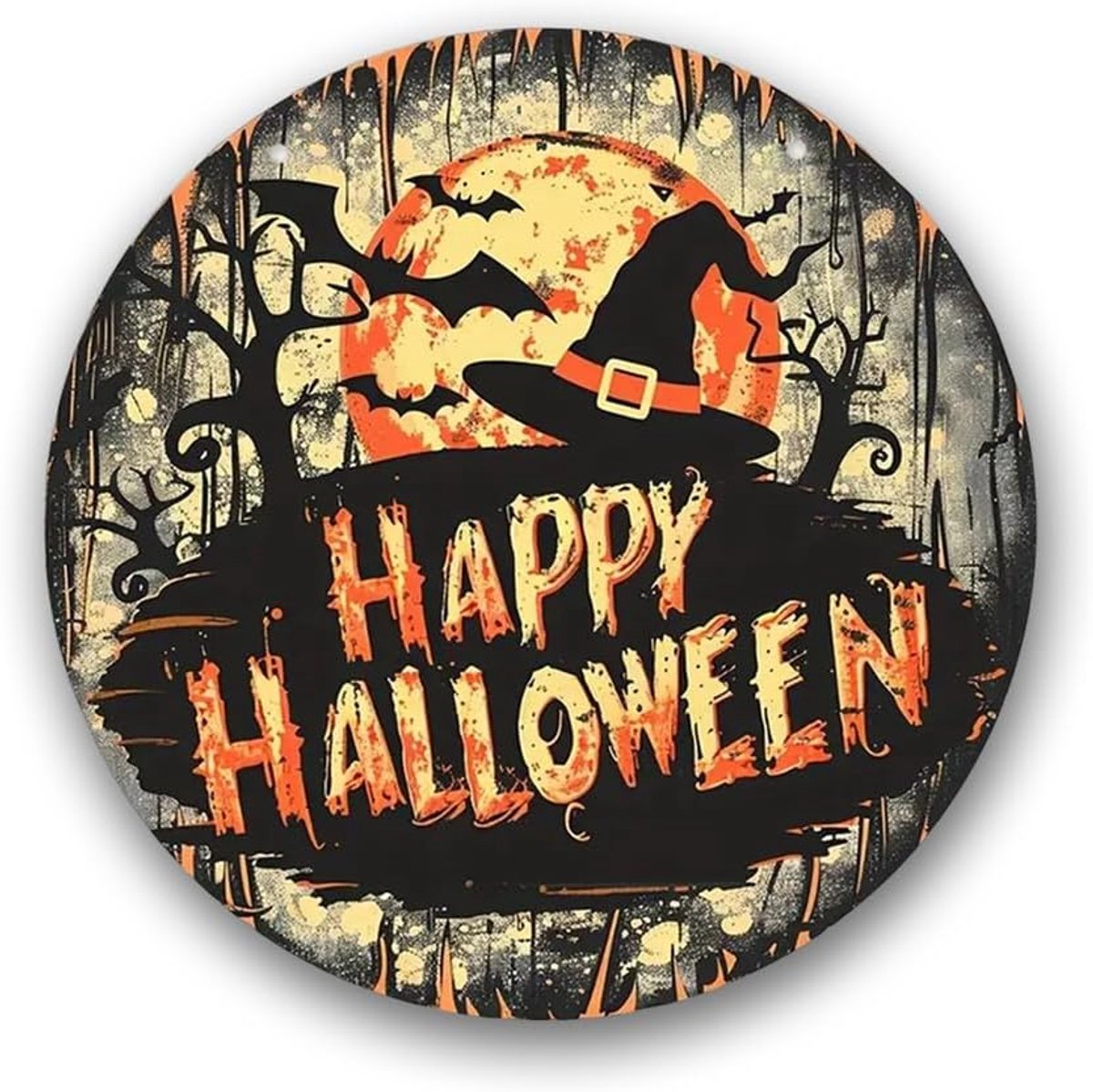 Halloween-bord van hout, Happy Halloween met hoed van tovenaars en vleermuizen, ideaal voor thuis, feestjes en welkom, griezelig, origineel cadeau