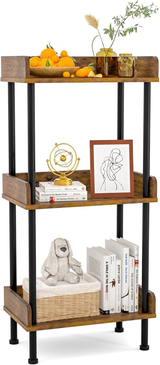 Boekenkast met 3 niveaus, keukenrek van hout en metalen frame, modern voor woonkamer, slaapkamer, balkon + bruin