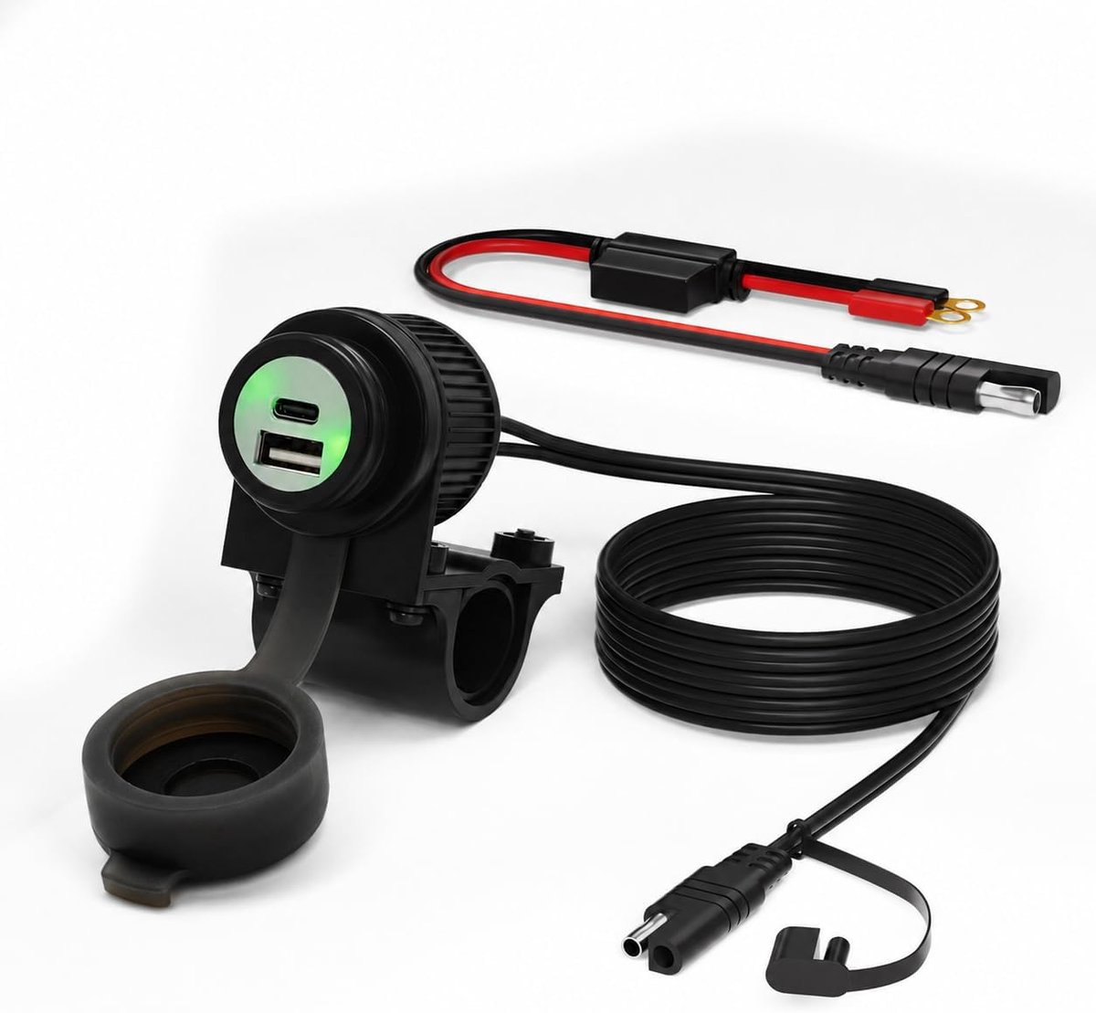 Top Motorfiets USB-oplader Dual USB-poort 6A 36W waterdichte telefoonoplader met PD USB-C & QC 3.0, magnetische aan/uit-schakelaar, Heavy Duty, preventie van batterijafvoer (SAE-connector)