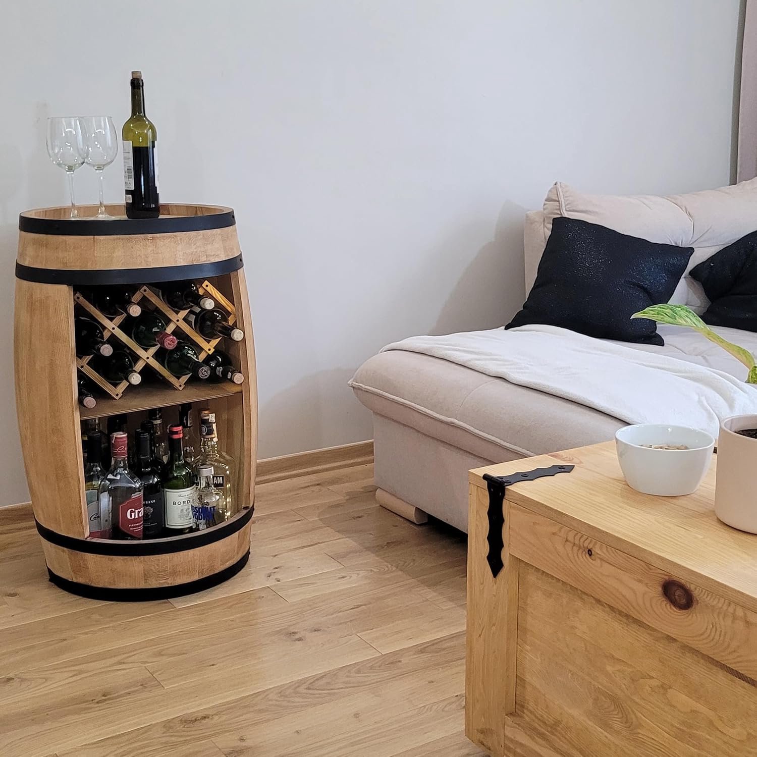 Wijnvatbar met Wijnrek en LED Verlichting – Rustieke Houten Minibar 80 × 50 × 44 cm, Barkast met Wijnopslag, Whiskybar, Wijnstandaard en Opklapbaar Rek