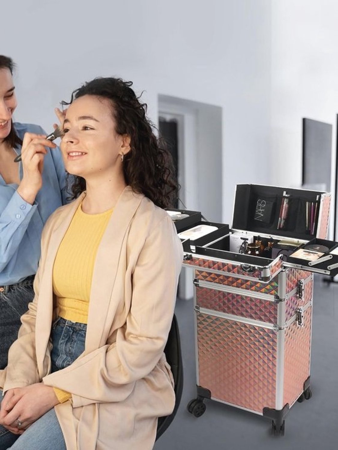 Professionele 3-in-1 Make-uptrolley - Aluminium behuizing - Extra grote cosmetica-koffer in roségoud
