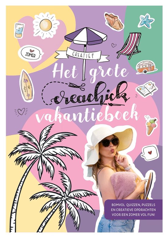 Kleurrijke cover van 'Het grote CreaChick vakantieboek' met vakantiestickers, palmbomen en vrouw met zonnehoed.