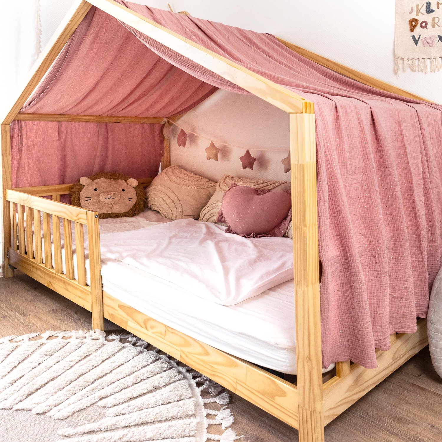 Lilimaus Huisbed hemeltje uit één stuk met gouden details - bedhemel voor huisbed - 135x420 cm - mousseline katoen - oudroze