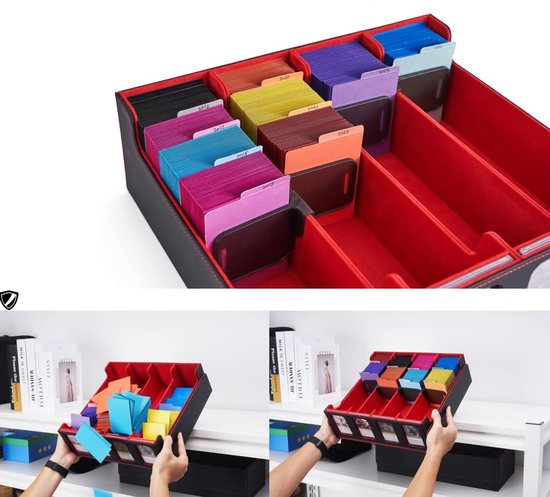 Zwarte met rode opbergdoos vol met gekleurde kaarten en verdelers. Een hand voegt kaarten toe aan de bakken.