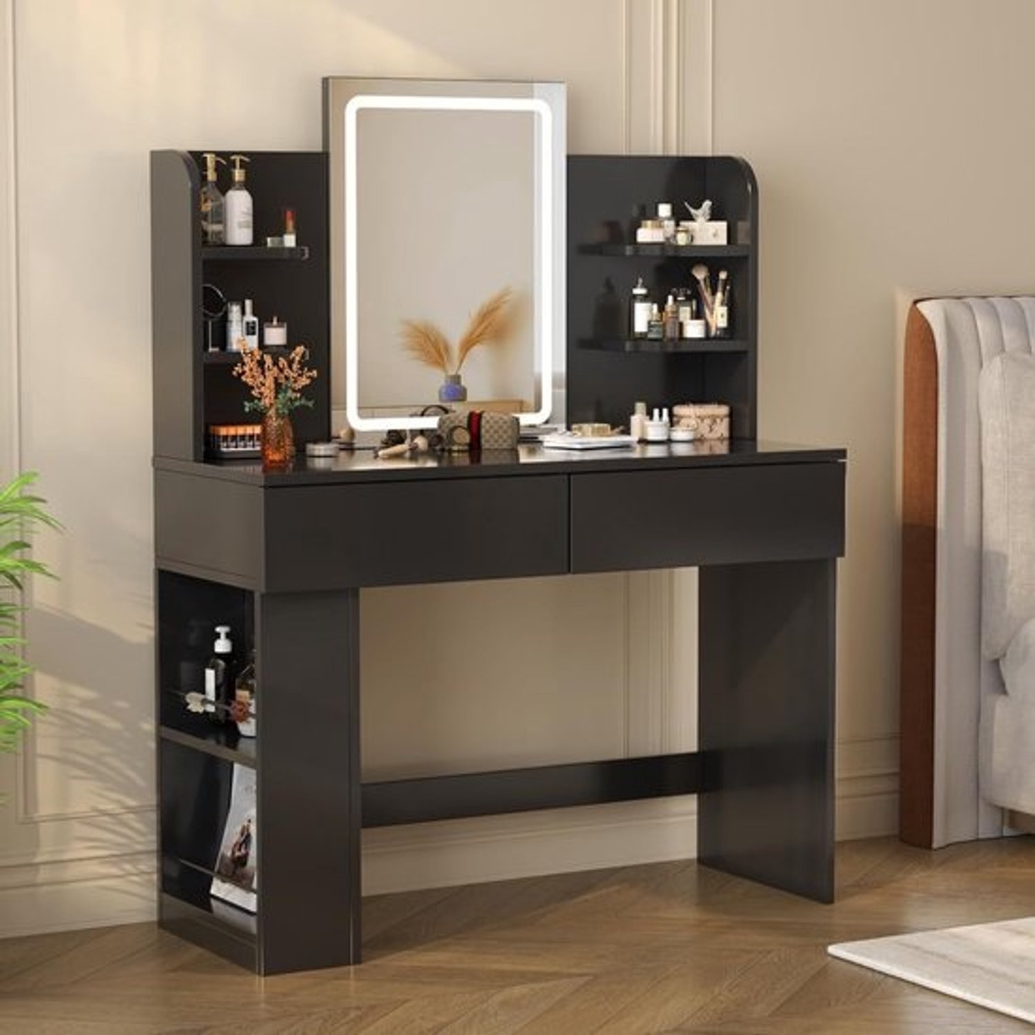 Kaptafel met spiegel en verlichting - zwarte make-uptafel met 2 laden en 4 planken