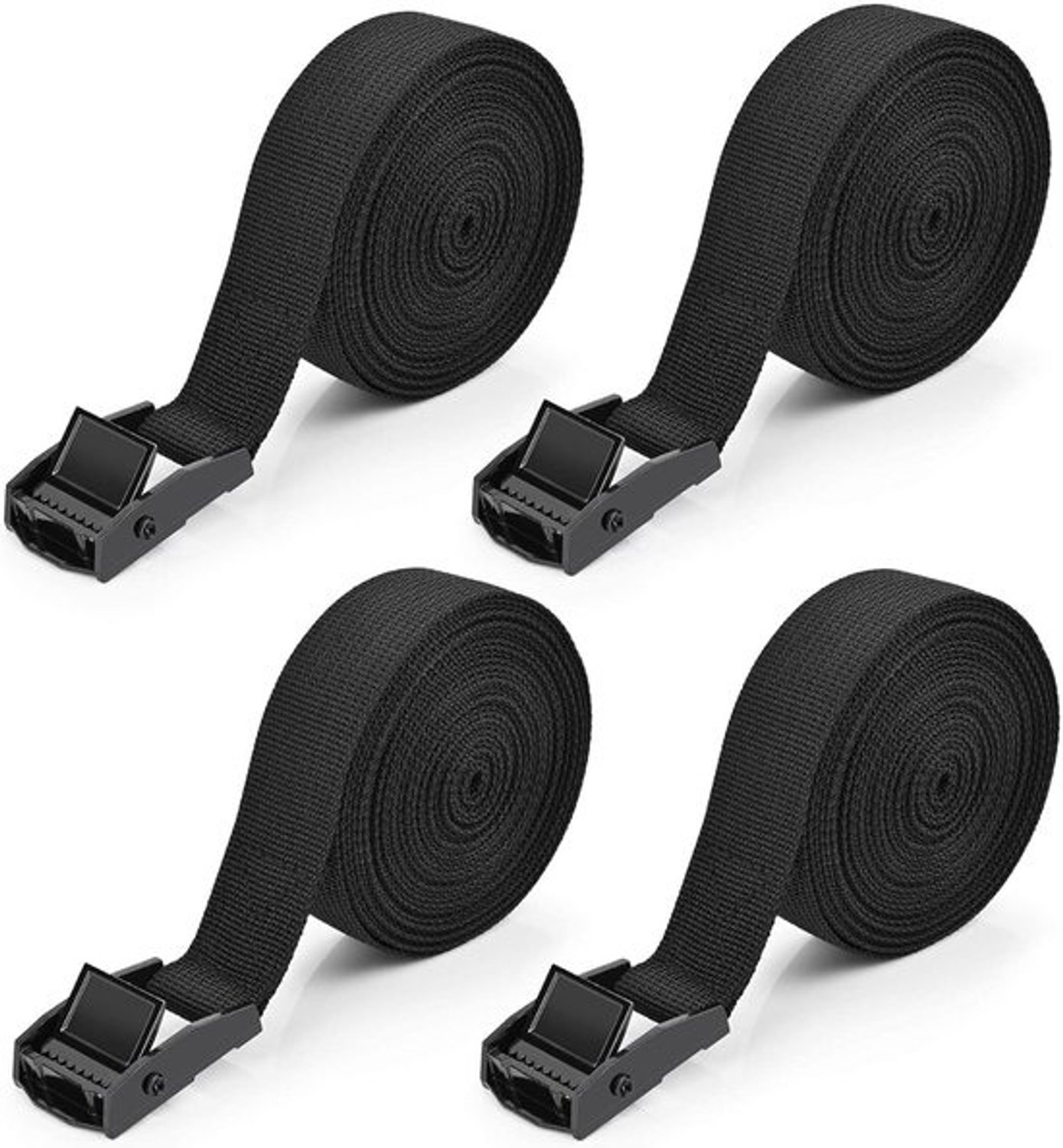 Sjorbanden - 4 stuks - met ratel en kliksluiting - auto, bagagedrager en fietsendrager - 4 m x 25 cm - zwart